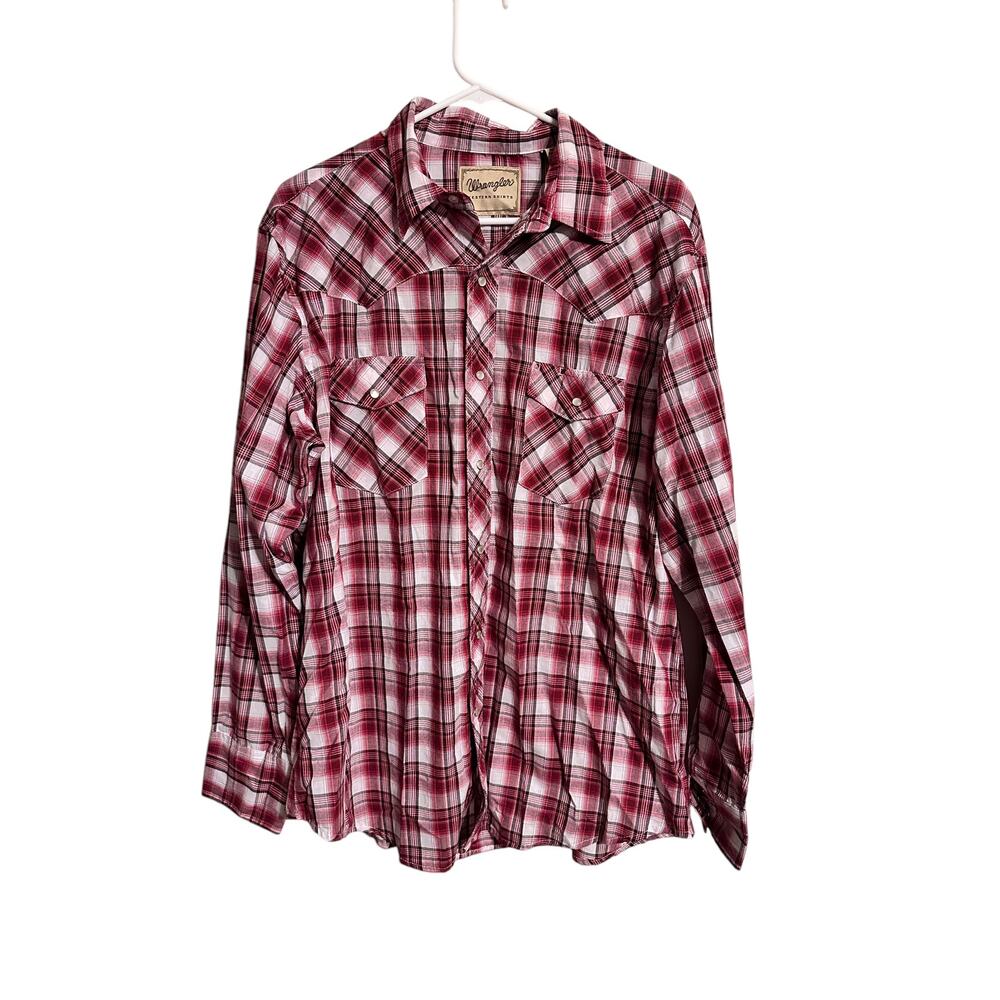 Wrangler Western Shirt Red Plaid Pearl Snap Button Down Shirt Men's Size XL